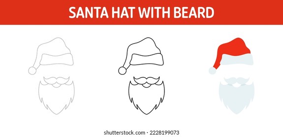 Santa Hat with Beard tracing and coloring worksheet for kids