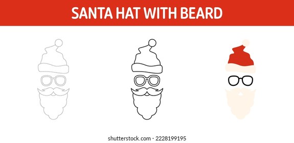 Santa Hat with Beard tracing and coloring worksheet for kids