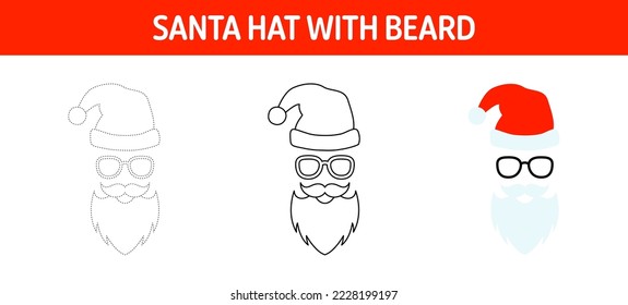 Santa Hat with Beard tracing and coloring worksheet for kids