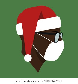 Santa hat. Black guy in Santa hat, sunglasses and mask. Male head with medical mask. Man head silhouette. Man Flat illustration. 