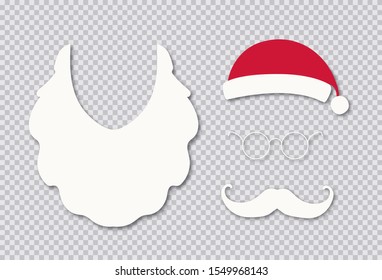 Santa hat, bread and mustache isolated on transparent background for photo booth, scrapbooking, video chat effect, festive, party, mask for social media. New year costume. Winter cap. Vector 10 eps