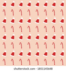 Santa hat and candy cane special holidays, Christmas stripes pattern. On a pink background.