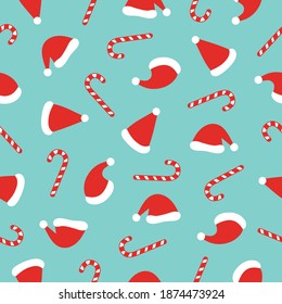 Santa hat candy icons merry christmas pattern seamless background. Great for xmas wallpaper, packaging, backdrops, scrapbooking, gifts, or giftwrap projects. Surface pattern design.