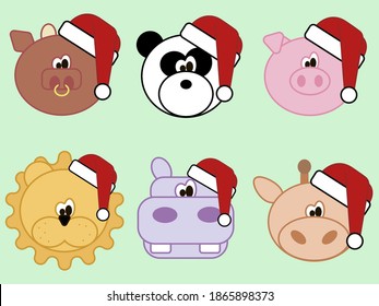 Santa hat. Cartoon funny and colored animal icons. Bull, pink pig, panda, yellow lion, purple hippopotamus, giraffe. 