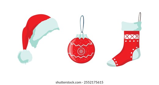 Chapéu de Papai Noel, decoração bauble de Natal, meia de presente ou meia. Clipart editável isolado no branco