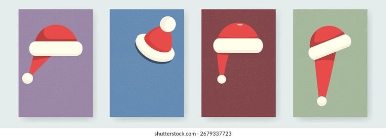 Santa Hat Christmas poster set vector, creative minimalist festive design, modern graphic art with a textured background, perfect for holiday greeting cards and winter season social media promotions