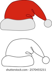 Santa Hat Christmas Red and White Cap Drawing Vector Illustration graphic line set on transparent background
