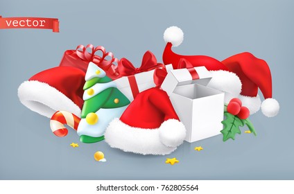 Santa hat, christmas tree and gifts. 3d vector icon