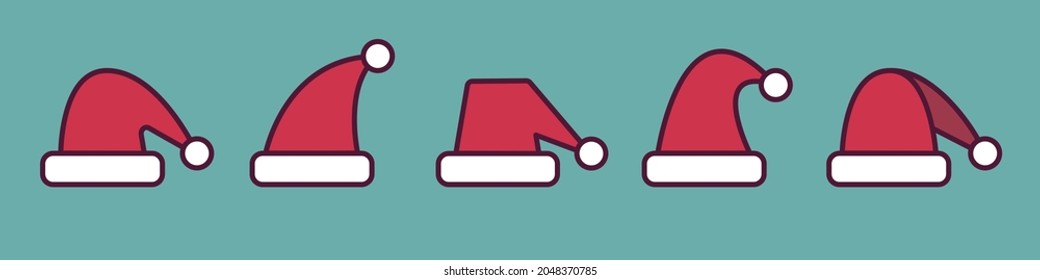 Santa hat. Claus red cap in flat design vector winter set.