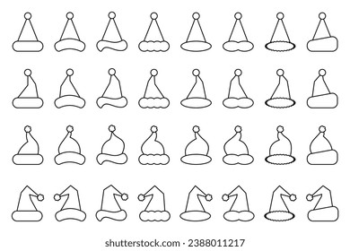 santa hat collection, christmas hat icon. black line vector design isolated on white background.