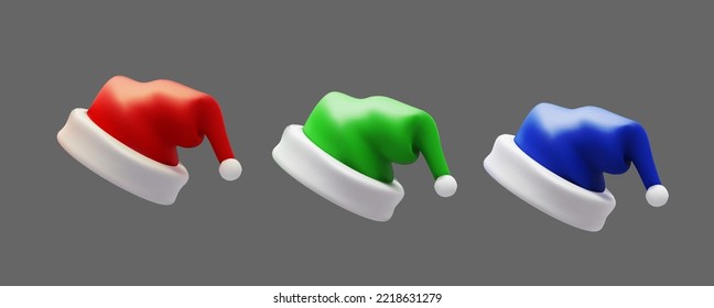 Weihnachtsmützensammlung. Rote, blaue und grüne Weihnachtsmütze. Weihnachtszubehör realistisches Set.