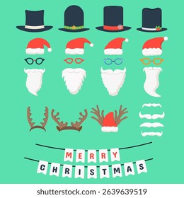 Santa hat with cute cartoon elf cap vector illustration red nose party horns photobooth prop christmas celebration decoration scrapbook graphic face holiday xmas clipart deer

