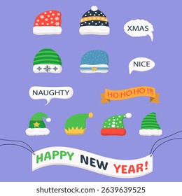 Santa hat with cute cartoon elf cap vector illustration red nose party horns photobooth prop christmas celebration decoration scrapbook graphic face holiday xmas clipart deer

