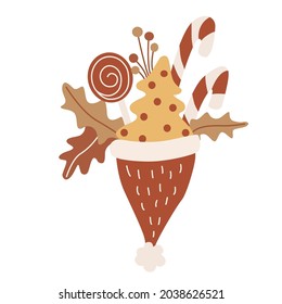 Santa hat decorated with candy canes, Christmas tree, lollipop, leaves and berries. Vector hand drawn illustration isolated on white background.  Great for greeting cards.  Boho Earth tones.