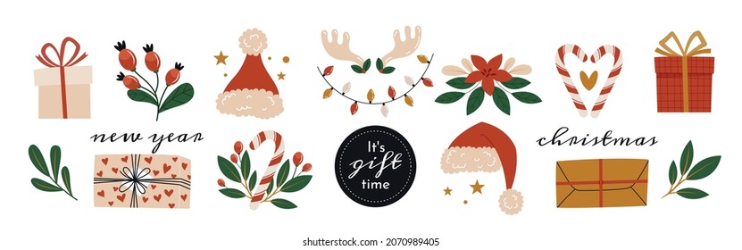 Santa hat, deer antlers, gifts, New Year flowers, berries and twigs, garland, lollipop. New Year and Christmas isolated elements for design and decoration. 
