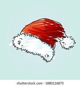 Santa hat doodle painted quirky scribble red and white color on blue background, Isolated Christmas and New Year design element vector sketch