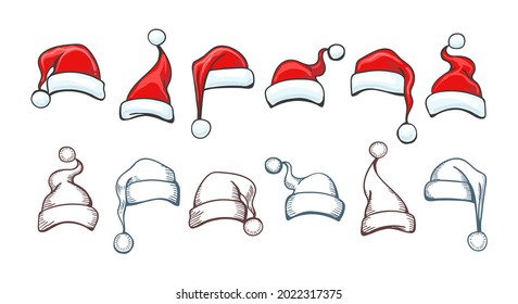 Santa hat drawings. Christmas hats doodle images, merry xmas casual caps draw graphics, hand drawn claus head wear vector sketch cartoon icons