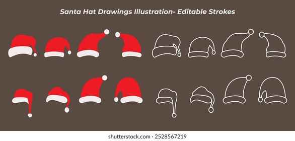 Santa Hat Drawings Stock Illustration, Santa Claus Hat Vector for Christmas Decoration, editable strokes outlines for T-shirt, Stickers, Graphics, Enamel Pins, Cricut Design