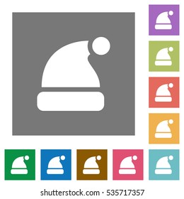 Santa hat flat icons on simple color square background.
