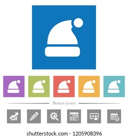 Santa hat flat white icons in square backgrounds. 6 bonus icons included.