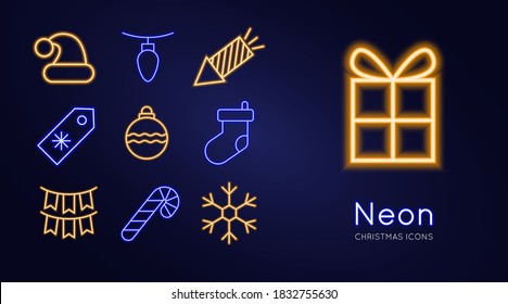 Santa hat, garland, clapperboard, discount coupon, christmas tree toy, christmas sock, santa claus, candy cane, snowflake. Merry Christmas Neon Icons. Vector Illustration of Winter Holiday Symbols.