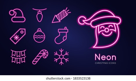 Santa hat, garland, clapperboard, discount coupon, christmas tree toy, christmas sock, santa claus, candy cane, snowflake. Merry Christmas Neon Icons. Vector Illustration of Winter Holiday Symbols.