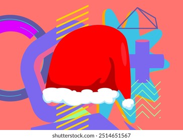 Santa Hat geometrical graphic retro theme Christmas background. Minimal geometric elements. Vintage abstract shapes vector illustration.