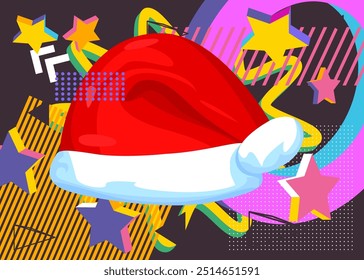 Santa Hat geometrical graphic retro theme Christmas background. Minimal geometric elements. Vintage abstract shapes vector illustration.