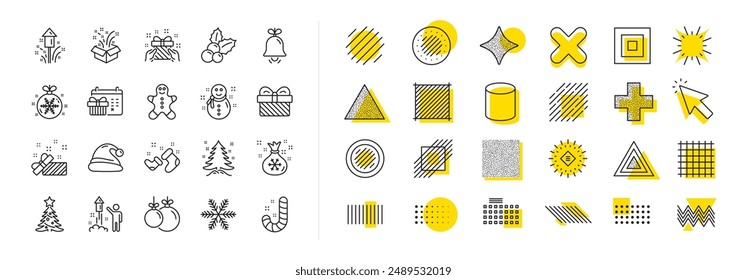 Santa hat, Gingerbread man and Gift box icons. Design shape elements. Christmas, New year line icons. Fireworks, Snowflake and christmas holly. Snowman, santa socks and Pine tree. Vector