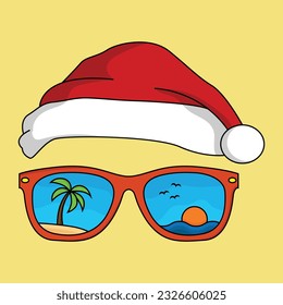 Santa hat and glasses with reflection of beach scene vector illustration. Welcoming summer, Christmas in July.