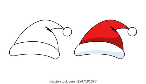 Santa hat hand-painted isolated on a white background, Christmas holiday element, symbol. Red cheerful traditional Christmas Claus headdress for fun, celebration, decoration.