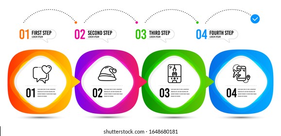 Santa hat, Heart and Crane claw machine line icons set. Timeline steps. Flight destination sign. Christmas, Love chat, Attraction park. Airplane trip. Holidays set. Vector