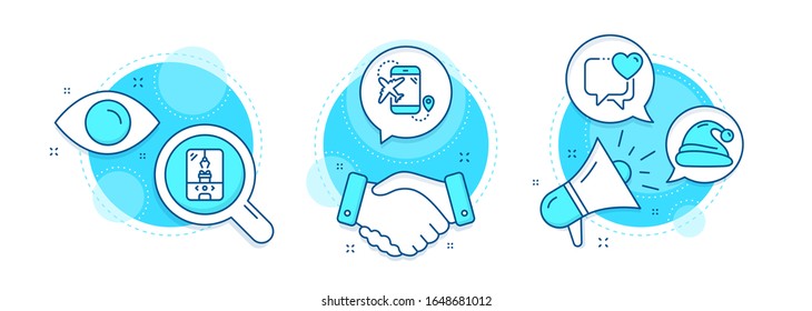 Santa hat, Heart and Crane claw machine line icons set. Handshake deal, research and promotion complex icons. Flight destination sign. Christmas, Love chat, Attraction park. Airplane trip. Vector