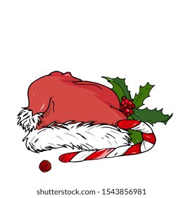 Santa hat, holly and a sweet cane. Christmas and New Year illustration, hand drawing, isolated. New Year and christmas  greeting card, poster, banner, clipart.