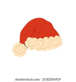 Santa hat icon, red hat santa with bubo. Christmas decoration element, cap as a part of traditional costume. Flat vector illustration on white background.