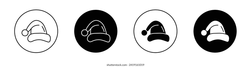 Juego de iconos de Santa hat. Símbolo del vector del capuchón blanco simple de noel navideño en un estilo negro relleno y delineado. Señal de cierre de Santa Claus.