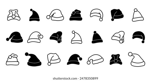 Santa hat icon set. Flat, linear and silhouette style.