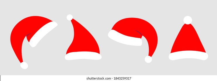 Línea de conjunto de iconos de Santa hat. El sombrero rojo de Santa Claus. Feliz Navidad, plantilla de Navidad de Año Nuevo. Plantilla de dibujos animados para tarjetas de felicitación, invitación. Diseño plano. Aislado. Fondo blanco. Vector
