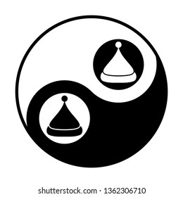 Santa hat icon. Vector. Black and white icon inside circles of yin and yang symbol  at white background.