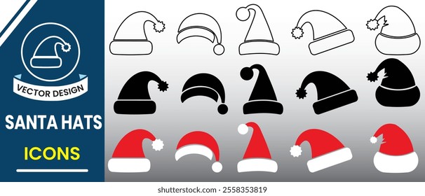 Santa hat icon, vector set. Santa Claus, Christmas hat icons, silhouette, vector. Santa hat symbol, sign, logo, cartoon doodle of Santa Claus hat. Vector illustration.