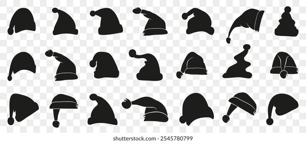 Santa hat icons in black. Santa Claus cap icons. Christmas Santa hat collection