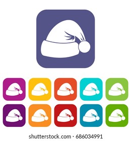 Santa hat icons set vector illustration in flat style in colors red, blue, green, and other