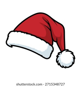 A ilustração de chapéu Santa com tecido vermelho clássico e guarnição de pele branca com uma pompom pendente é perfeita para saudações sazonais de marketing de férias e projetos de design gráfico temático de Natal.