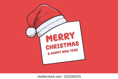 Weihnachtsmütze auf rotem Hintergrund. Frohe Weihnachten und glückliches neues Jahr Grußkarte. Vektorbriefe, Kalligrafie, Poster, Banner
