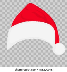Santa hat isolated on transparent background. Happy New Year, Merry Christmas template. Cartoon red headdress. Vector