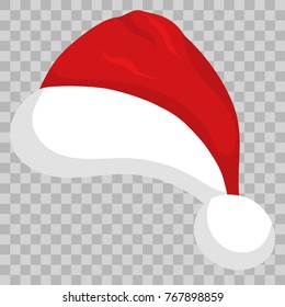 Santa hat isolated on transparent background. Happy New Year, Merry Christmas template. Cartoon red headdress. Vector