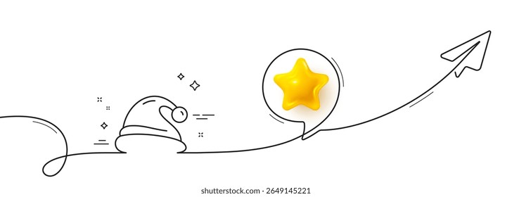 Santa hat line icon. Continuous line with share plane. Christmas or New year sign. Claus symbol. 3d star in speech bubble. Santa hat single line ribbon. Loop curve pattern. Vector