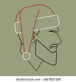 Santa hat. Linear black man in Santa Claus hat. Linear Male head with Santa hat. Avatar. Man head silhouette. 