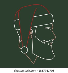 Santa hat. Linear Santa Claus. Linear Male head with Santa hat. Avatar. Man head silhouette. Man Flat illustration. 