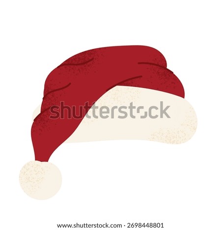 Santa hat lying sideways. Red Christmas hat with pompom and white trim. Flat vector illustration isolated on white background.